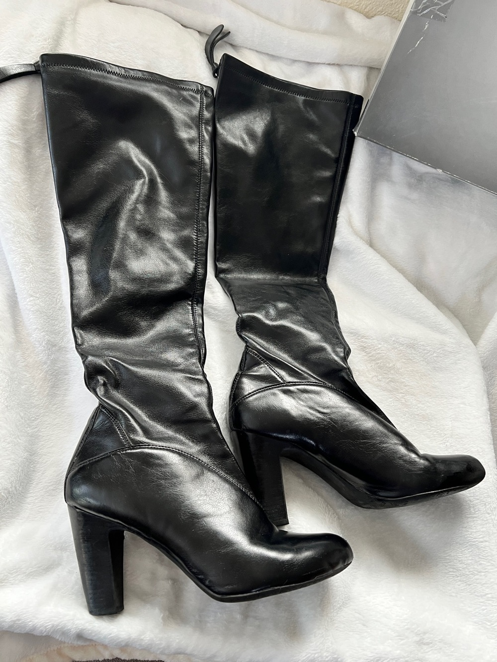Classic Black Leather Knee-High Heeled Boots, Franco Sarto, size 8.5 women’s